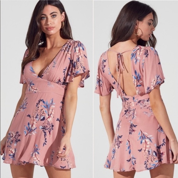 MAUVE FLORAL OPEN SELF TIE BACK MINI DRESS - Picture 4 of 5